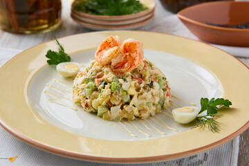 Elegant Shrimp Olivier Salad on a Plate with Rustic Presentation