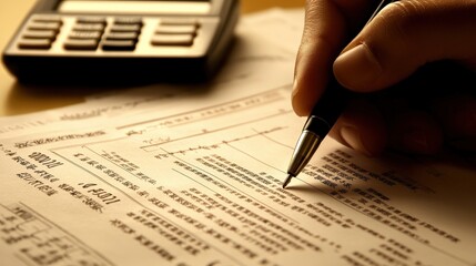 hand signing a contract with financial documents and a calculator nearby
