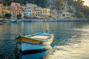 Fototapeta premium A lonely boat at dawn in the Mediterranean