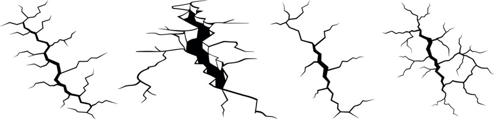 Surface Cracks and Crevices from Disaster: Earthquake Damage on Ground and Concrete, Featuring Breaks, Fissures, and a Broken Glass Pattern Effect, Isolated on White Background