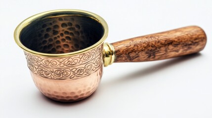 A copper cup with a natural wooden handle on a white surface, great for rustic or vintage-themed...