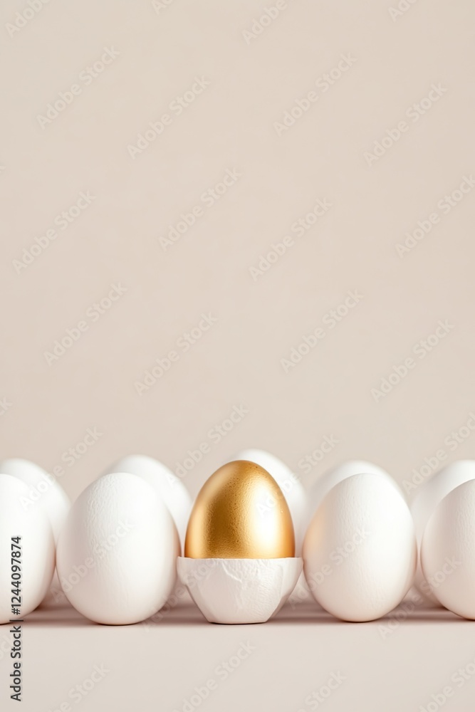 Poster modern minimalist shot of row of white eggs with single golden egg in center set against neutral bac