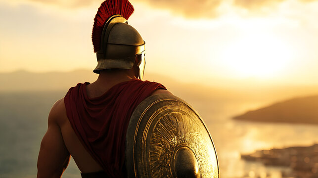 A Spartan hoplite standing on the shores of an ancient city, his shield raised, eyes set on the distant horizon.


