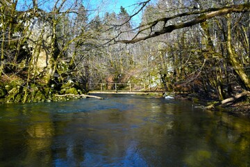 Wooden bridge over Rak river in Rakov Škocjan nature park in Notranjska, Slovenia