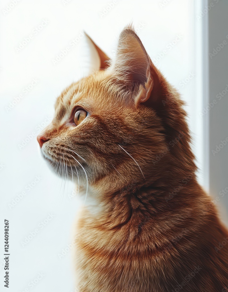 Poster close-up profile of a ginger cat gazing intently out a window with soft natural lighting highlightin