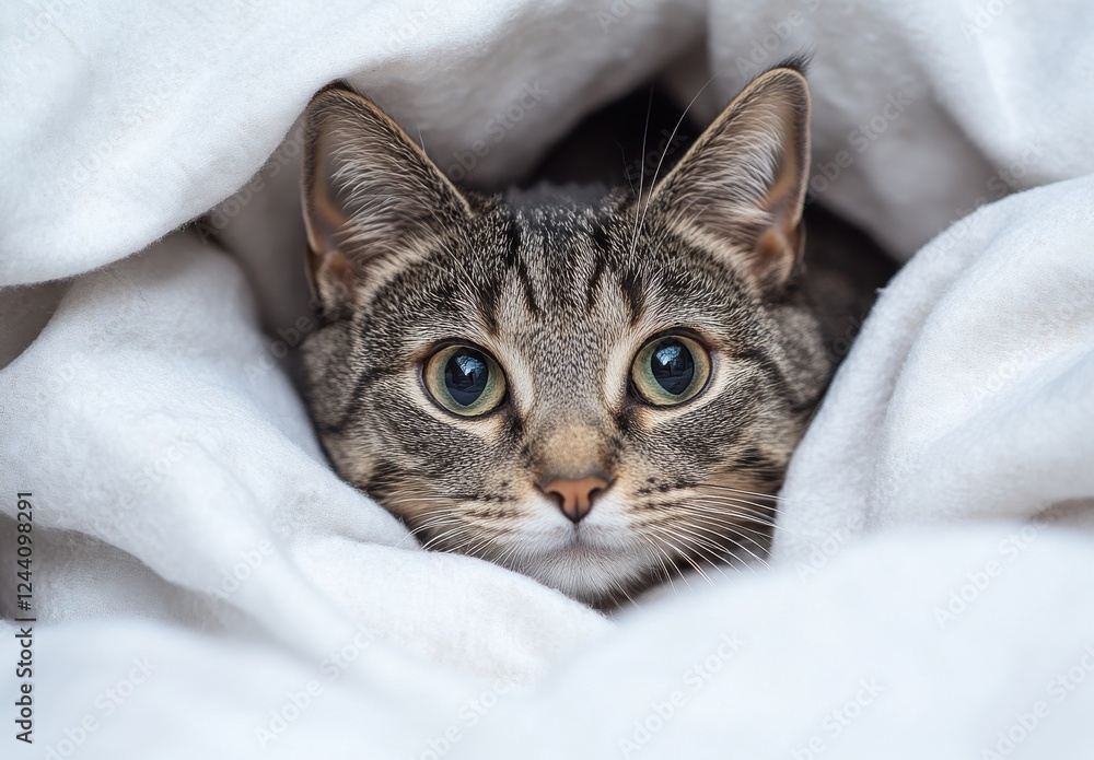 Poster close-up view of a cat's face surrounded by soft white blanket, capturing intriguing expressions and