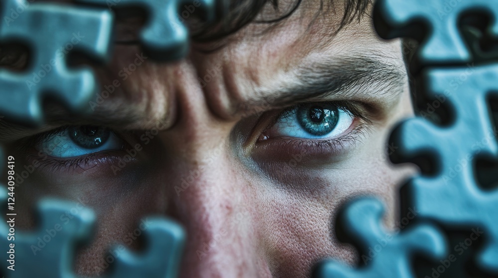 Poster persons face with furrowed brows, deep in thought as they solve a complex problem or puzzle.