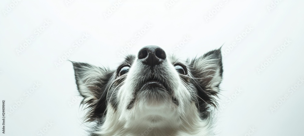 Poster close-up view of a curious dog's face looking up with a soft expression against a minimalist white b