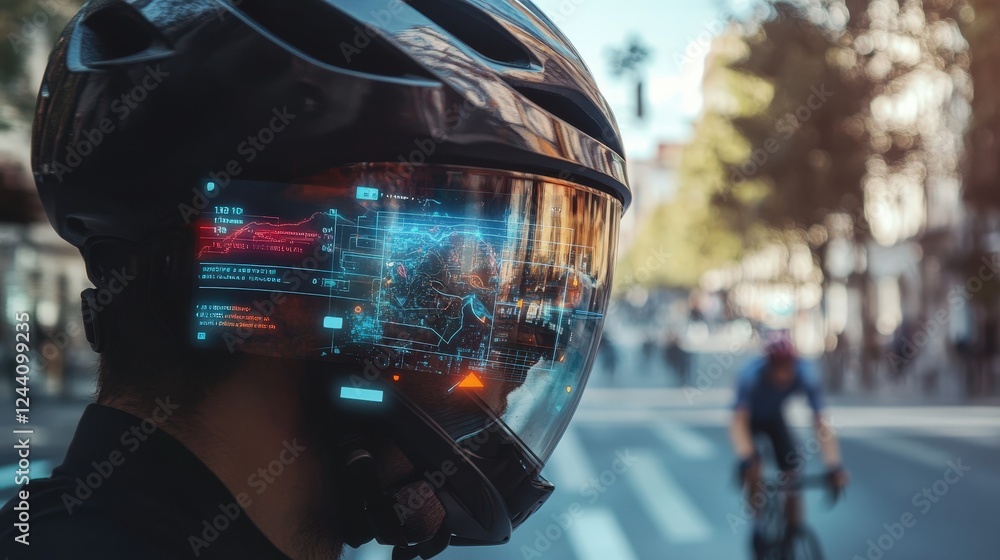 Poster smart helmet displaying augmented reality features, like navigation directions and real-time data, w