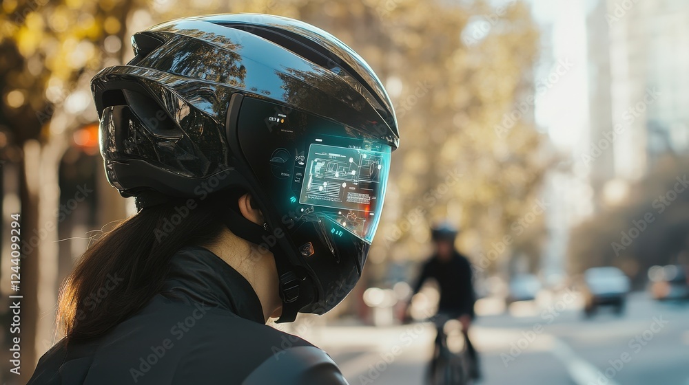 Poster smart helmet displaying augmented reality features, like navigation directions and real-time data, w