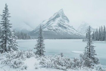 Fototapeta premium Snow covered mountains and frozen lake winter scene