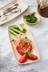 Rustic Assorted Pickles with Cabbage, Cucumbers, and Tomatoes in Natural Light