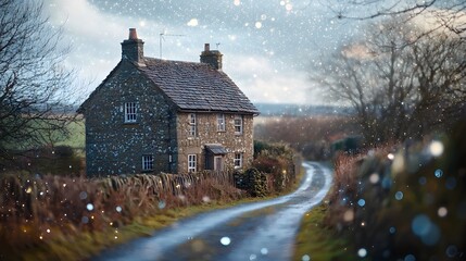 Enchanting Stone Cottage on Snowy Country Lane Under Starry Skies