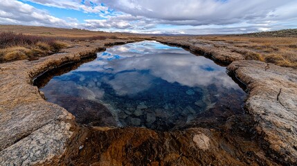 Serene mountain pool reflecting sky,  grassland background, nature photography