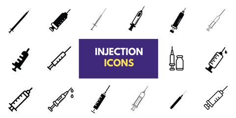 Set of Medical Injection icons, syringe icon vector black and white. Doctors often use syringes to prevent and treat malignant diseases. Injection icon, Syringe,