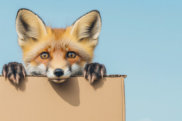 Fox is peeking over the edge of a brown cardboard box holding into one side with its paws against a blue background.	
