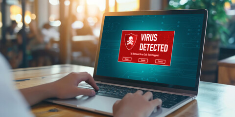 Virus warning alert on computer screen detected brisk cyber threat , hacker, computer virus and malware