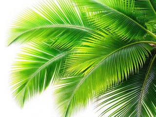 Obraz premium Vibrant green coconut palm leaves isolated on white, ideal for summer-themed backgrounds and nature-inspired projects.