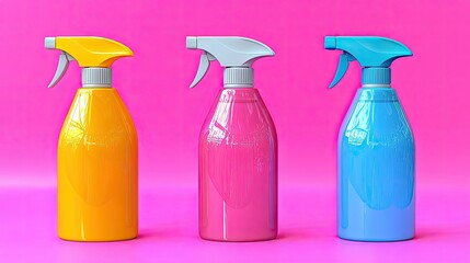 Three Colorful Spray Bottles on Pink Background