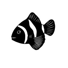 An illustration featuring a black clownfish silhouette set against a clean white background depicting a clownfish with detailed stripes and fins, symbolizing color and harmony.