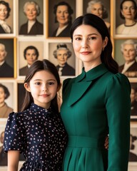 Fototapeta premium A portrait of a woman and a girl standing together, smiling, with historical portraits of women in the background, showcasing family and heritage.
