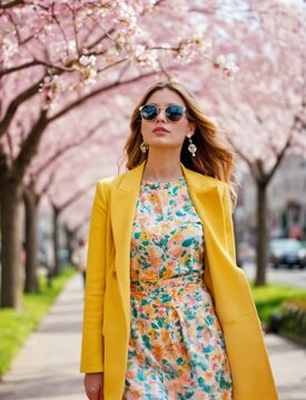 woman wearing light, colorful outfits, sunglasses, and floral patterns, walking along a city street lined with blossoming trees.