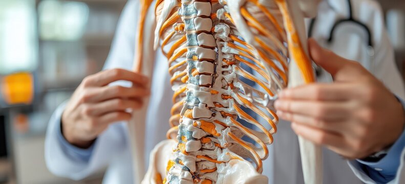 Chiropractor Demonstrating Human Spine Anatomy with Detailed Spinal Model and Professional Consultation