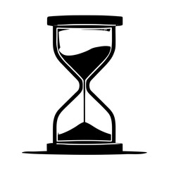 An illustration featuring a black hourglass silhouette set against a clean white background depicting an hourglass with detailed sand flow and frame.