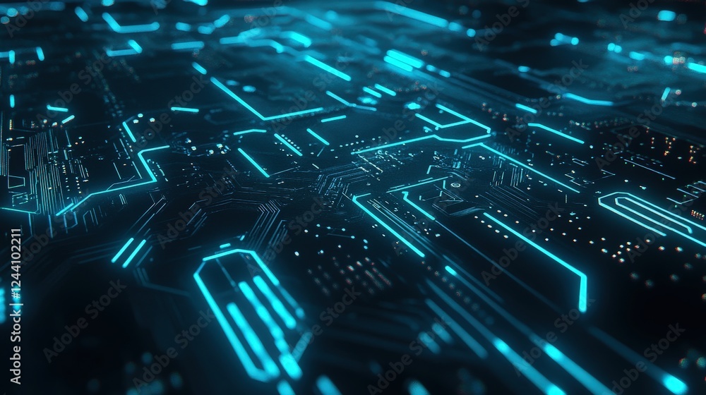 Poster microchip with intricate circuits glowing in neon blue, illustrating the heart of modern computing t
