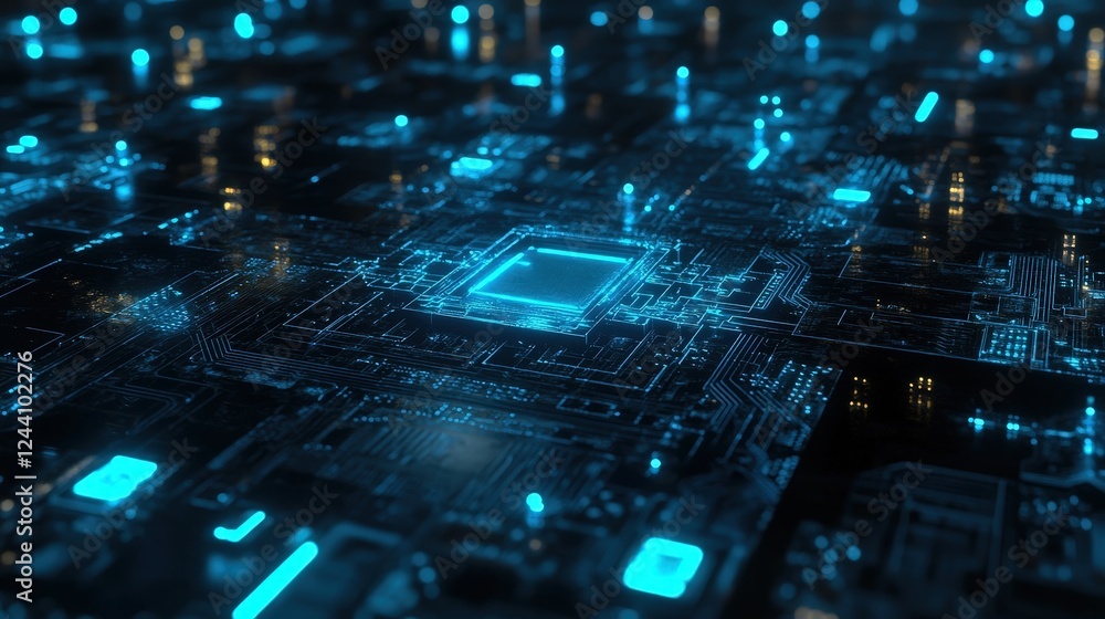 Aufkleber microchip with intricate circuits glowing in neon blue, illustrating the heart of modern computing t