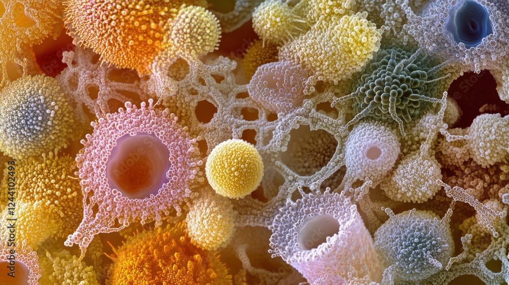 Poster dust particles on a microscope slide, showcasing their varied and intricate structures in stunning d