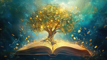 Golden coin tree grows from open book; magical background; wealth, prosperity concept