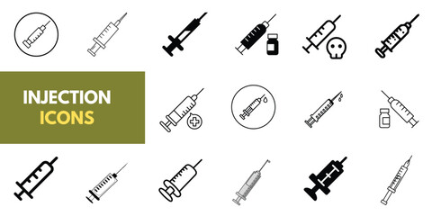 Set of Medical Injection icons, syringe icon vector black and white. Doctors often use syringes to prevent and treat malignant diseases. Injection icon, Syringe,