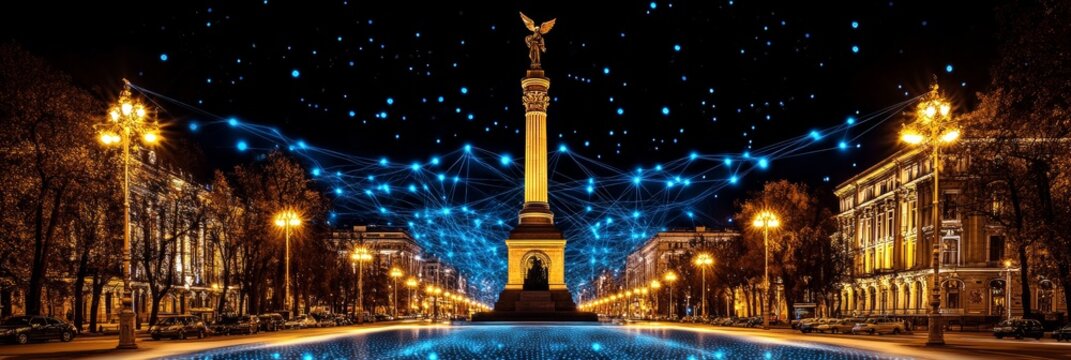 Monument to the Motherland. Kyiv at night. City skyline with futuristic blue glowing connections.