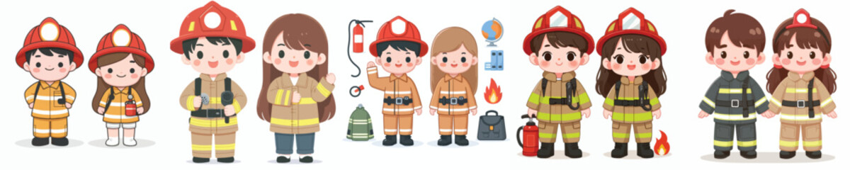 set vector kids in firefighter uniform standing happily