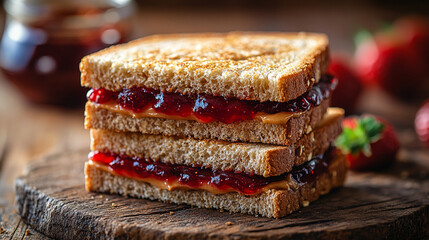 Delicious peanut butter and jelly sandwich stacked on rustic wooden board with fresh strawberries