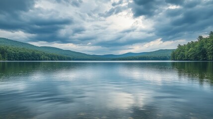 cloudy sky over a tranquil lake, with reflections of the surrounding mountains creating a serene and peaceful environment, perfect for relaxation and meditation content.