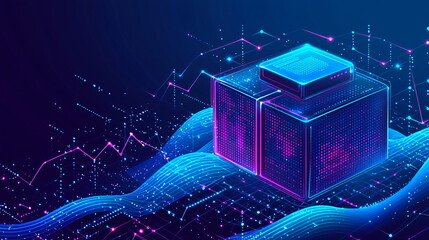 Digital package design with glowing neon effects and abstract wave patterns in blue and pink hues