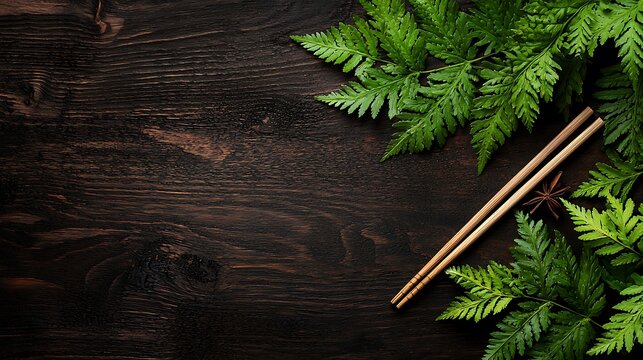 Chopsticks, ferns, star anise on dark wood; food menu background