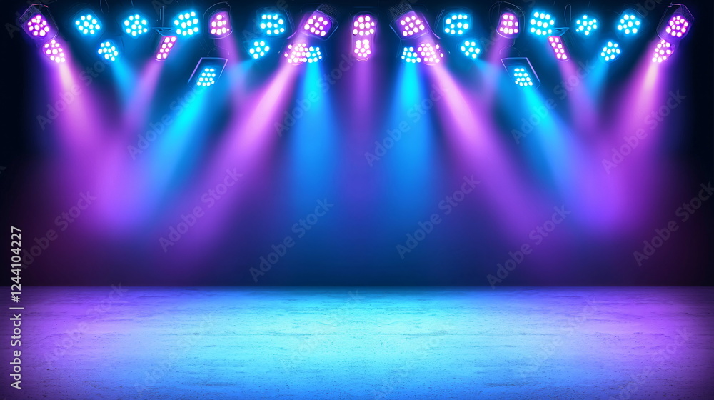 Poster colorful stage lighting illuminating an empty performance area with a vibrant glow and shadows.