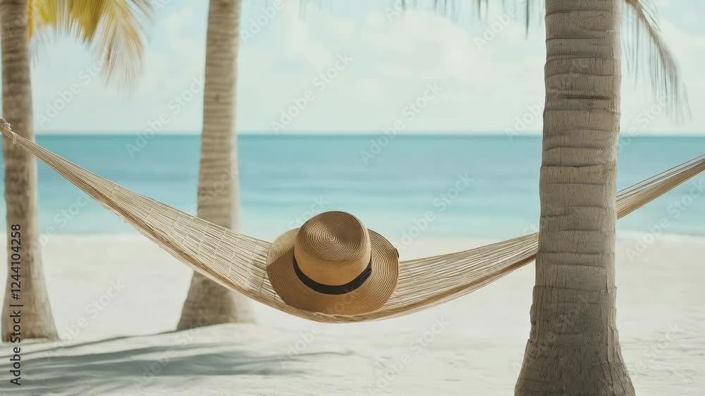 Poster Summer vacation vibes emanate from a slow motion video featuring a straw hat resting on a hammock strung between palm trees on a pristine beach, overlooking the tranquil turquoise ocean