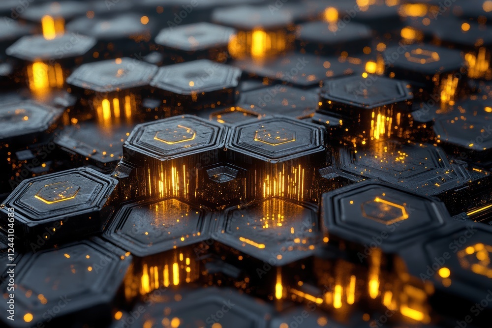 Poster hexagonal patterns with glowing effects create a vibrant technological atmosphere