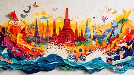 Colorful and imaginative papercut collage depicting iconic Thai temples pagodas and landmarks surrounded by the festive energy of the Songkran water festival