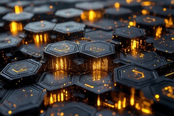 Hexagonal patterns with glowing effects create a vibrant technological atmosphere