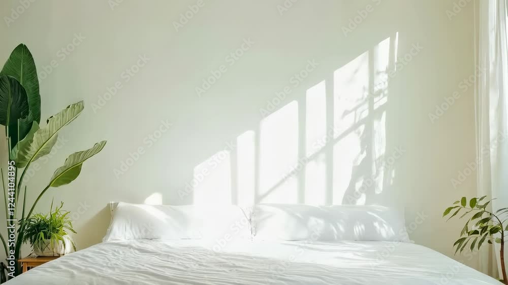 Poster soft sunlight gradually spreading across pristine white bedding, illuminating greenery and casting g
