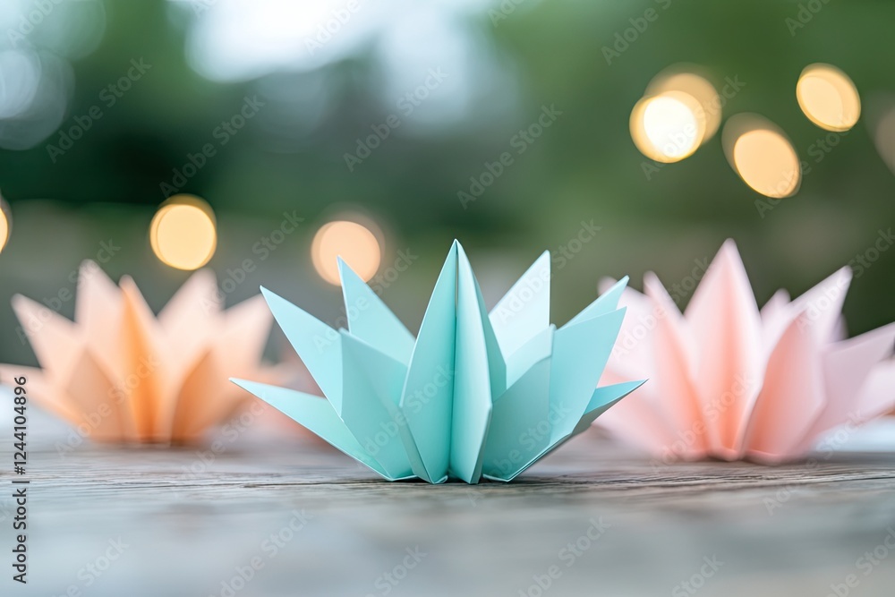 Poster serene photo of colorful paper flowers arranged in decorative pattern on rustic table with softly bl