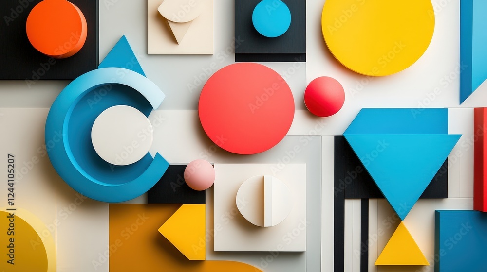 Poster geometric shapes arranged in a balanced pattern: circles, triangles, squares, and hexagons, with vib