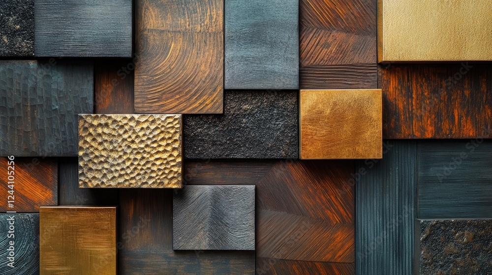 Poster intersecting squares, each with a different texture or pattern, creating a complex yet orderly desig