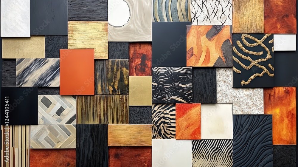 Poster intersecting squares, each with a different texture or pattern, creating a complex yet orderly desig