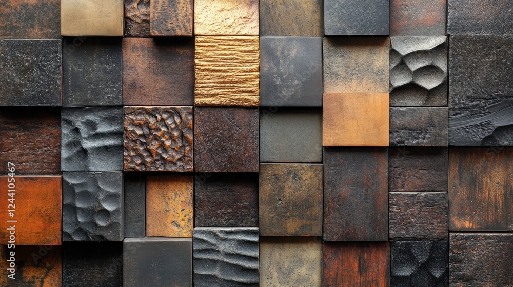 Poster intersecting squares, each with a different texture or pattern, creating a complex yet orderly desig